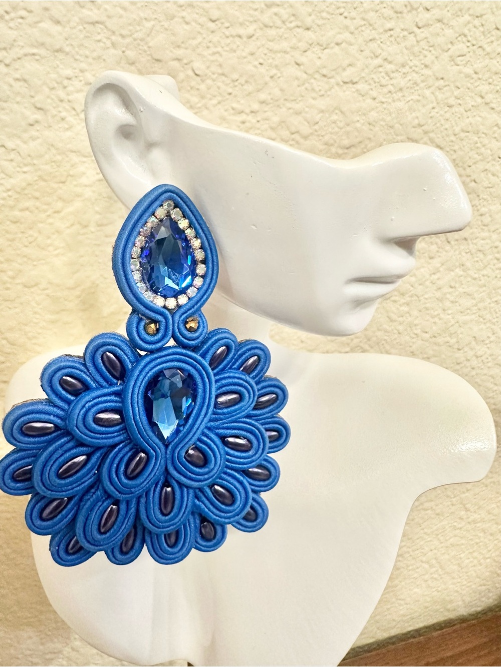 Handmade Cobalt Blue Soutache Peacock Statement Drop Earrings